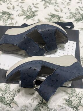 Women's Navy Blue Wedge Mules with Decorative Cutouts